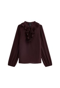 Blusa lunga a maniche con collo a ruffle plissettato e dettaglio a ruffle frontale legato con sottili stringhe all'collo, di colore marrone scuro.