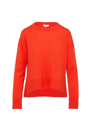 Rode gebreide trui met een ronde halslijn, een drop shoulder ontwerp, geribbelde manchetten en een cropped zoom. Zachte textuur met een effen kleurafwerking.
