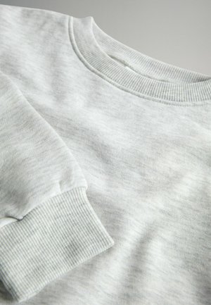 Lys grå sweatshirt med ribbestrikket crew neck og manchetter; lavet af blødt, struktureret stof med subtile farvevariationer.