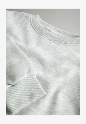 Ljust grå sweatshirt med ribbat krage och mudd; tillverkad av mjukt, texturerat tyg med subtila färgvariationer.