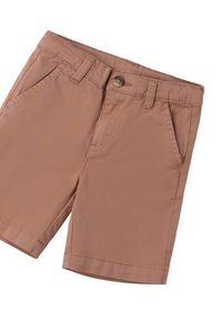Pantaloni corte marrone chiaro in cotone con una texture liscia, dotati di due tasche frontali, chiusura con bottone e dettagli di cucitura puliti.