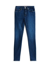 Jeans skinny en denim bleu foncé, avec un design classique à cinq poches, une fermeture à bouton et des détails de couture subtils. Texture lisse.