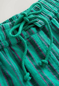 Zbliżenie na zielone spodnie z różowymi i ciemnozielonymi paskami, z plecionym sznurkiem ściągającym przewleczonym przez metalowe oczka i zawiązanym na kokardę.