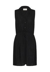 Schwarzes ärmelloses Kleid aus leichtem Stoff, mit kragenlosem Ausschnitt, Knopfverschluss und einer verstellbaren Kordelzug-Taille.