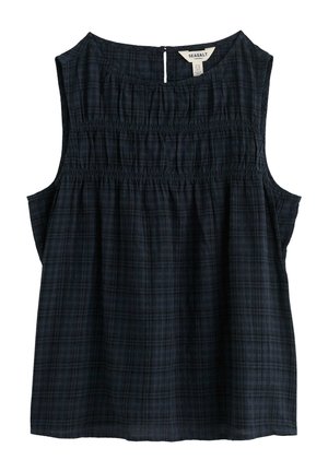 Ujjatlan sötétkék kockás blúz, mely a mellrészen ráncolt smockinggal díszített, kerek nyakkivágással, hátul kulcslyuk és gombos záródással.