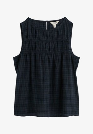 Ujjatlan sötétkék kockás blúz, mely a mellrészen ráncolt smockinggal díszített, kerek nyakkivágással, hátul kulcslyuk és gombos záródással.