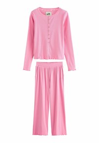 Set di loungewear rosa a costine composto da una maglia con maniche lunghe e bottoni, collo rotondo e pantaloni ampi abbinati con vita elastica.
