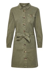 Šaty z denimu v olivově zelené barvě, s límečkem, zapínáním na knoflíky vpředu, jednou náprsní kapsou, dlouhými rukávy a stahovacími pásky v pase.