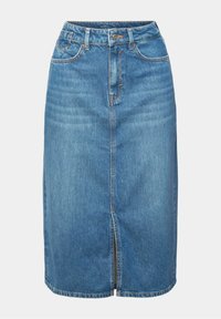 Jupe midi en denim bleu avec fente avant, passants de ceinture, fermeture par bouton et deux poches avant.