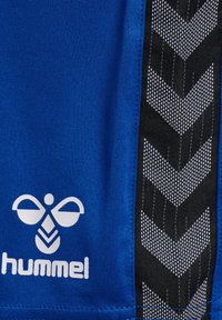 Pantalones cortos deportivos azules con un panel lateral negro que presenta un patrón en forma de flecha y un logo blanco. El material parece ligero y transpirable.