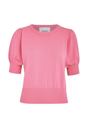 Pink short-sleeve sweater with a round neckline, ribbed texture at the hem and sleeves, and puffed shoulder detailing.