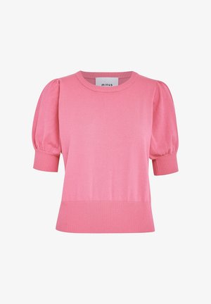 Roosa lühikeste varrukatega kampsun ümmarguse kaelusega, ribade tekstuuriga ääre ja varrukate juures ning puff-seljaga detailidega.