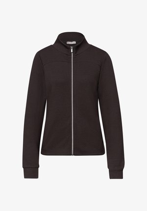 Schwarze langärmelige Jacke mit strukturierter Oberfläche, durchgehendem silbernen Reißverschluss vorne, hohem Kragen, schlanker Passform und gerippten Bündchen.