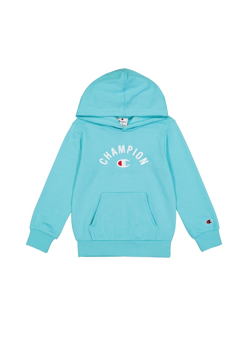 Felpa con cappuccio azzurro chiaro realizzata in tessuto morbido, con tasca frontale, cappuccio regolabile e logo "Champion" bianco e rosso sul petto.