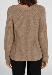 Maglione marrone lavorato a maglia con una texture a coste, dotato di scollatura rotonda, maniche lunghe e orlo posteriore leggermente più lungo.