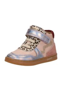 Roze hoge sneakers met metallic accenten, dierenprintdetails en glinsterende zijkanten. Voorzien van een klittenbandsluiting en een gestructureerde zool.
