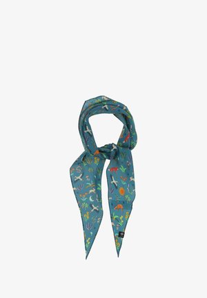 Eșarfă din mătase în nuanță teal, cu un model de animale și plante în culori variate. Designul include vulpi, păsări și flori. Capete triunghiulare.