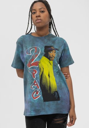 Cotton t-shirt with a blue and purple tie-dye pattern featuring a graphic print of a person and the text "2PAC" in bold red letters.