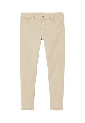 Pantalon beige ajusté avec bouton avant, fermeture éclair, passants pour ceinture, deux poches avant et ourlets retroussés.