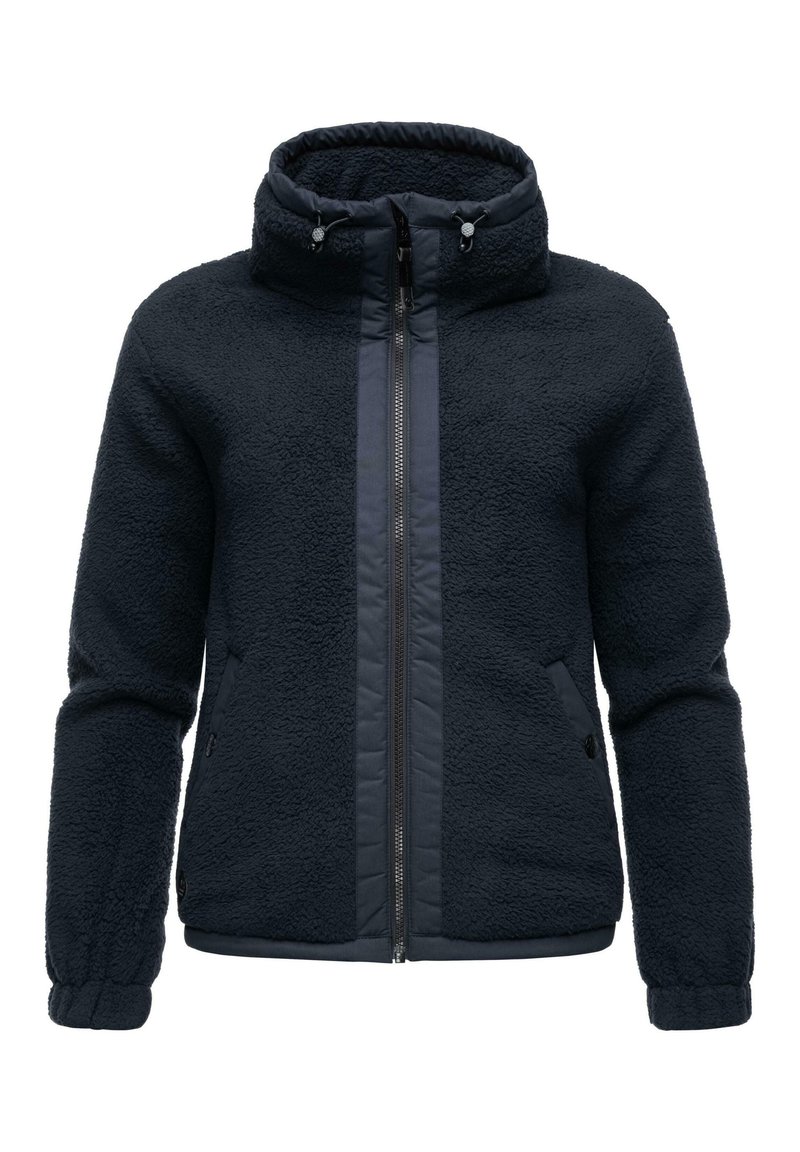 Navy fleece jacket with a stand-up collar, zip front, and two side pockets. Fuzzy texture with smooth panel accents on the front.