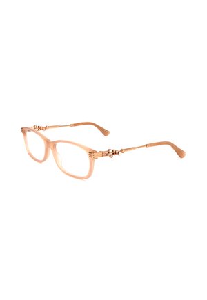 Montatura per occhiali traslucida rosa chiaro con aste dorate adornate da piccole perle e dettagli metallici decorativi.