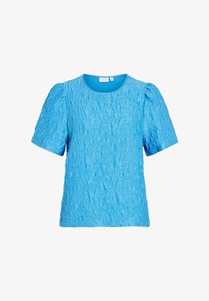 Blauwe gestructureerde korte mouwen blouse met opgestikte schouders en een ronde hals, ontworpen voor een ontspannen pasvorm.