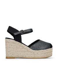 Sandale compensée noire en espadrille avec une plateforme en jute tissé, une tige en tissu texturé, une bride de cheville ajustable et une conception à bout rond.