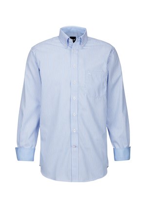 Camicia azzurra a righe con bottoni, a maniche lunghe e taschino sul petto. Presenta un colletto allargato e polsini blu a contrasto. Tessuto in cotone.