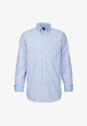 Camicia azzurra a righe con bottoni, a maniche lunghe e taschino sul petto. Presenta un colletto allargato e polsini blu a contrasto. Tessuto in cotone.