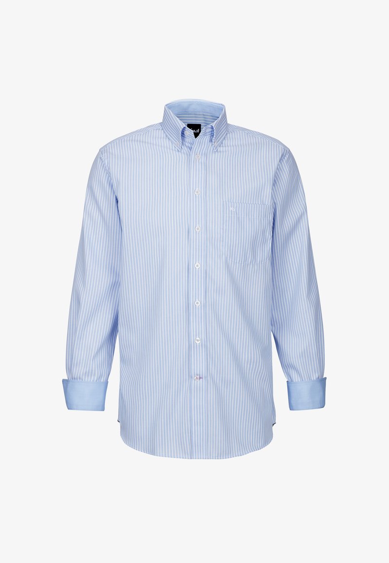 Camicia azzurra a righe con bottoni, a maniche lunghe e taschino sul petto. Presenta un colletto allargato e polsini blu a contrasto. Tessuto in cotone.