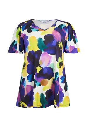 Kortærmet V-halsbluse med stort, farverigt abstrakt blomsterprint i lilla, gul, blå og grøn på hvid baggrund.