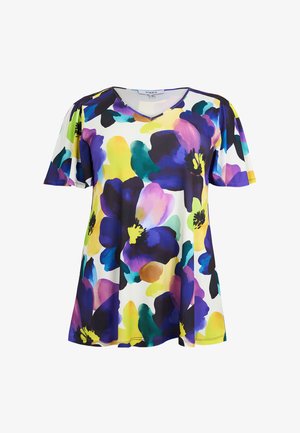 Kortærmet V-halsbluse med stort, farverigt abstrakt blomsterprint i lilla, gul, blå og grøn på hvid baggrund.