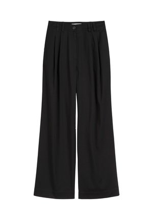 Zwarte wijde broek van gladde stof, met voorplooien, een knoopsluiting en gestikte taillebanddetails.