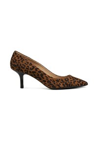 Chaussure à talon haut en léopard avec un bout pointu, en cuir suédé, dotée d'un talon aiguille noir et d'un intérieur beige lisse.