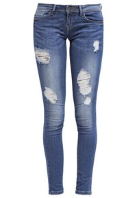 Jeans ajustados de mezclilla azul con desgarros desgastados, con una cintura de altura media, diseño clásico de cinco bolsillos y un acabado suave y texturizado.