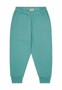 Teal joggings gemaakt van zachte stof, met een elastische tailleband en boorden bij de enkels voor een aansluitende pasvorm. Geen patronen of hardware.
