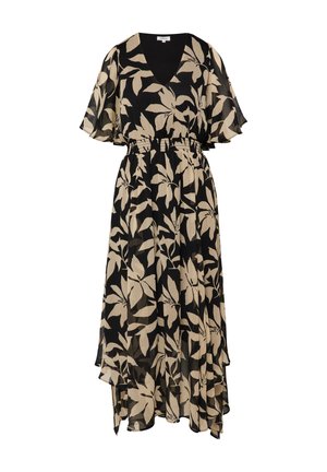 Robe midi noire avec grand imprimé floral beige, col en V, manches volantes, taille élastique et ourlet asymétrique.