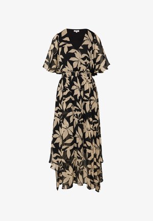 Czarna midi sukienka z dużym beżowym kwiatowym nadrukiem, dekoltem w serek, falującymi rękawami, elastyczną talią i asymetrycznym dołem.