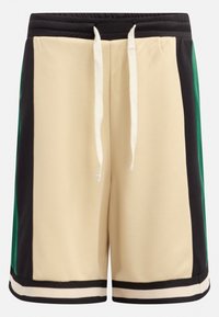 Beige mesh shorts met zwarte en groene zijaccenten, elastische tailleband en witte trekkoorden. Heeft contrasterende strepen aan de zoom.