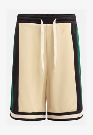 Shorts a rete beige con accenti laterali neri e verdi, vita elasticizzata e lacci bianchi. Presentano strisce a contrasto all'orlo.
