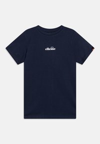 Maglietta in cotone blu navy con maniche corte, scollo a barco e un piccolo logo bianco sul petto. Texture liscia e design semplice.
