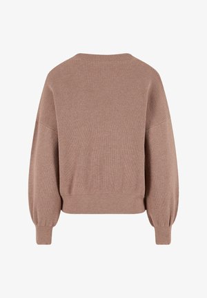 Hnědý pletený svetr s texturovaným žebrovým vzorem, kleslými rameny a balónovými rukávy, s širokým lemem a uvolněným střihem.