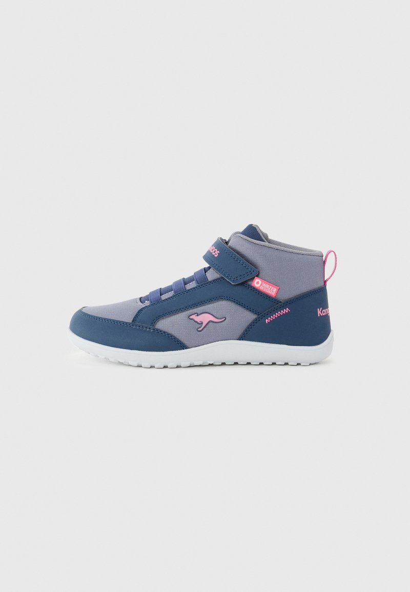 High-top sneakers with a navy and gray design, featuring a Velcro strap, pink accents, and a textured rubber sole. Waterproof label included.