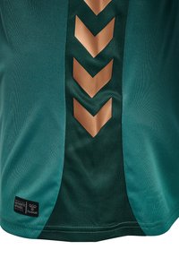 Groene sporttrui met zwarte verticale streep en vier gouden chevron-pijlen, met een zwart etiket met merk- en authenticiteitsdetails.