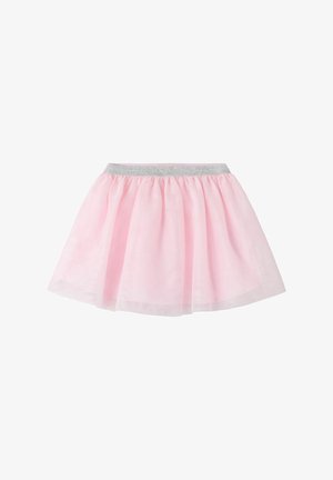 Hellrosa Tüllrock mit schimmerndem silbernem elastischem Bund, geraffte und ausgestellte Silhouette.