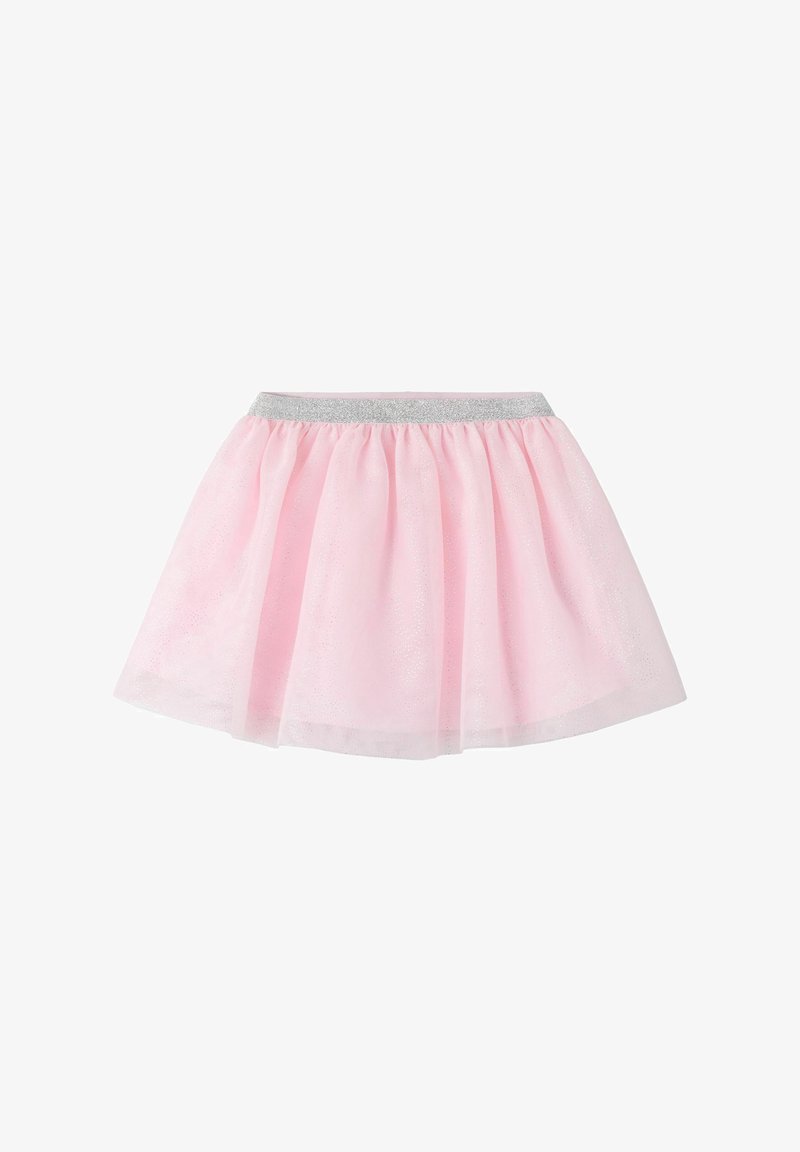 Jupe en tulle rose clair avec ceinture élastique argentée scintillante, silhouette froncée et évasée.