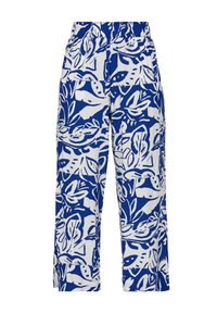 Pantalons à coupe décontractée avec une taille élastique, ornés d'un imprimé floral abstrait bleu et blanc audacieux et d'une coupe à jambes larges.