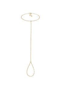 Collar de cadena tono dorado con un cierre circular, que presenta un diseño largo y un acento en forma de lágrima en el extremo.
