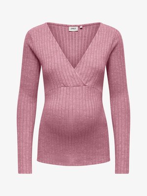 Mammatopp i mykt, ribbestrikket stoff i rosa, med V-hals, lange ermer og en figurnær midjedesign for komfort og støtte.