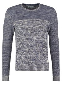 Pull tricoté dans des tons bleu marine et gris clair, présentant un motif texturé, un col rond et des manches longues avec poignets et ourlet côtelés.